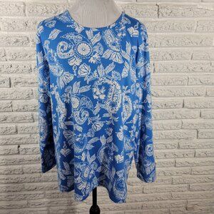 Bessie Cai Womens Top 1X Plus Long Sleeve Blue Floral Poly Blend FLO245E